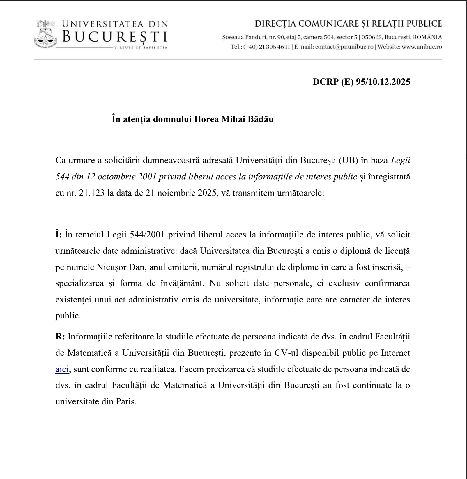 Document oficial răspuns Universitatea din București confirmând statutul de student al lui Nicușor Dan