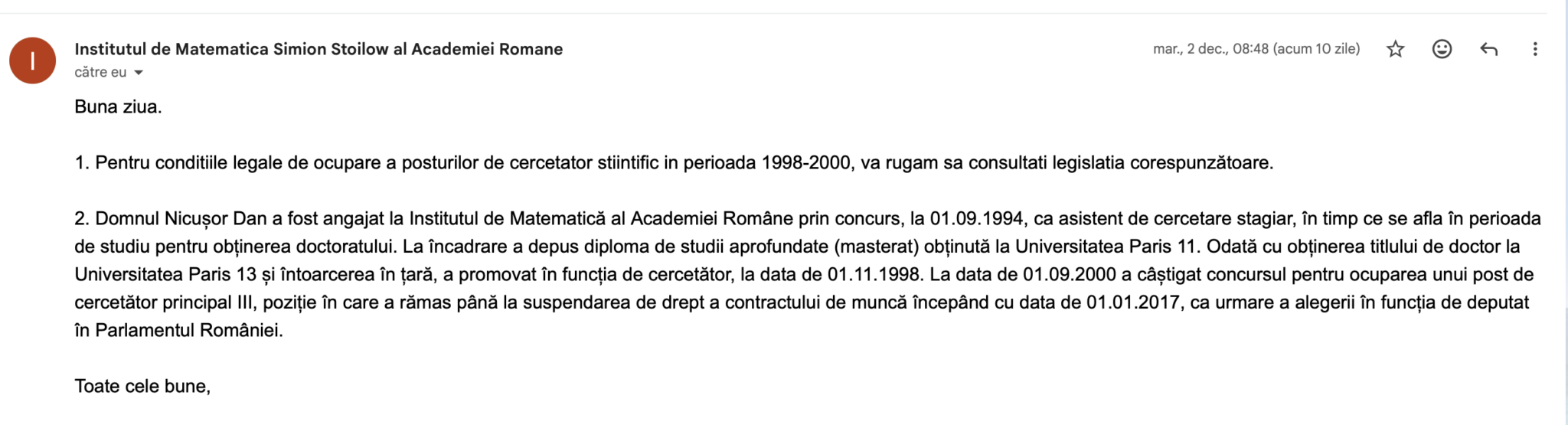 Răspuns IMAR istoric angajare Nicușor Dan