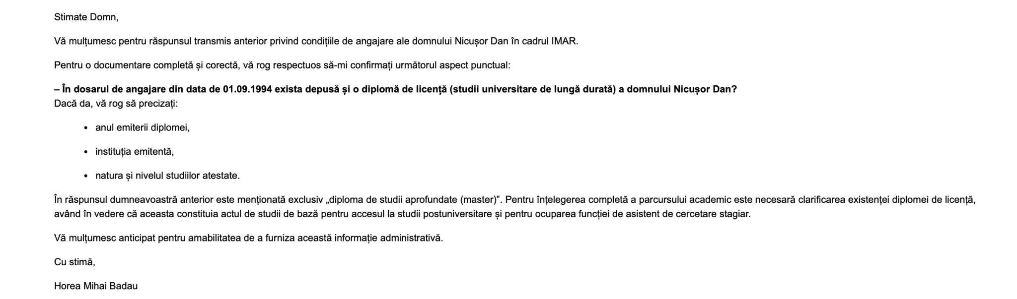 Cerere informații privind diploma de licență Nicușor Dan