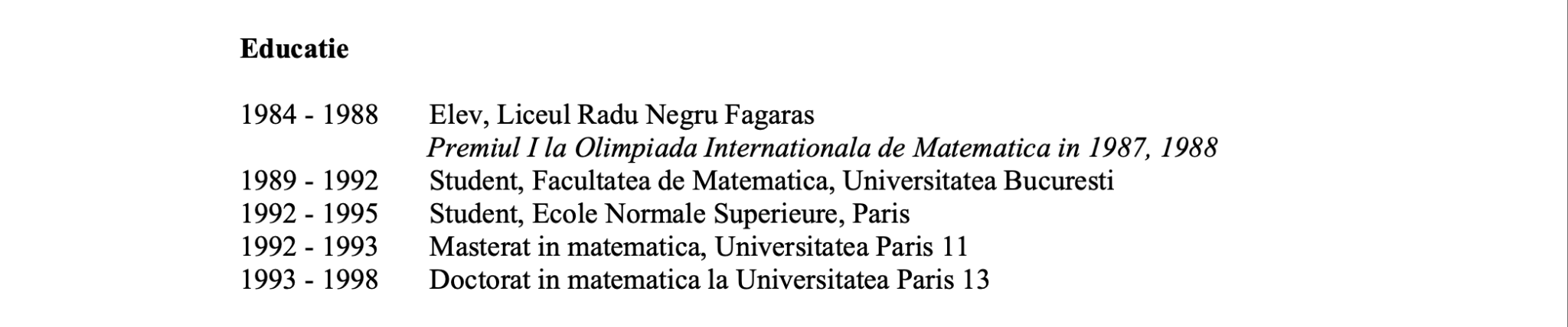 CV oficial Nicușor Dan secțiunea educație