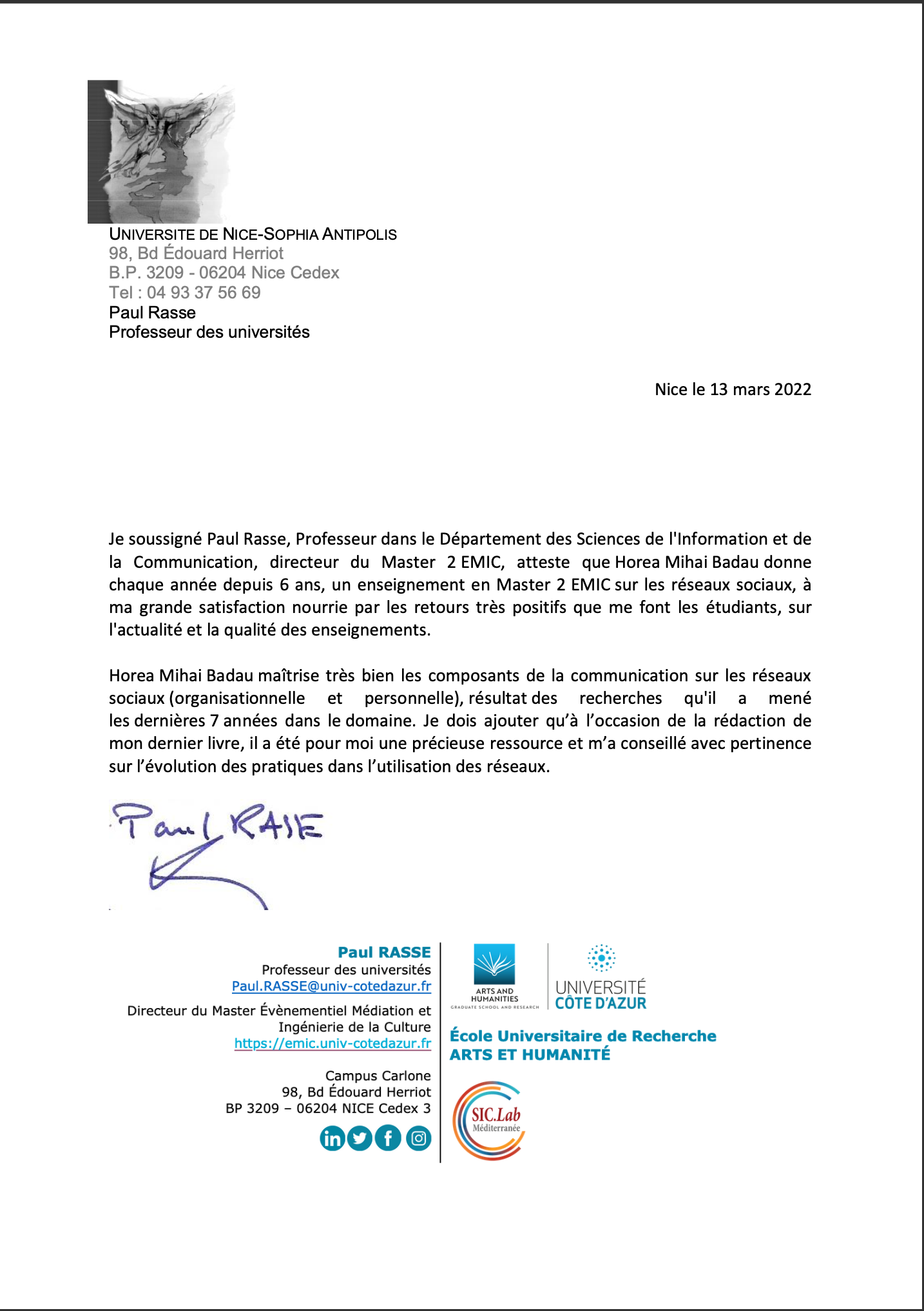 Scrisoare de la profesorul Paul Rasse de la Universitatea Cote d Azur atestând credibilitatea lui Horea Mihai Badau în sistemul universitar francez
