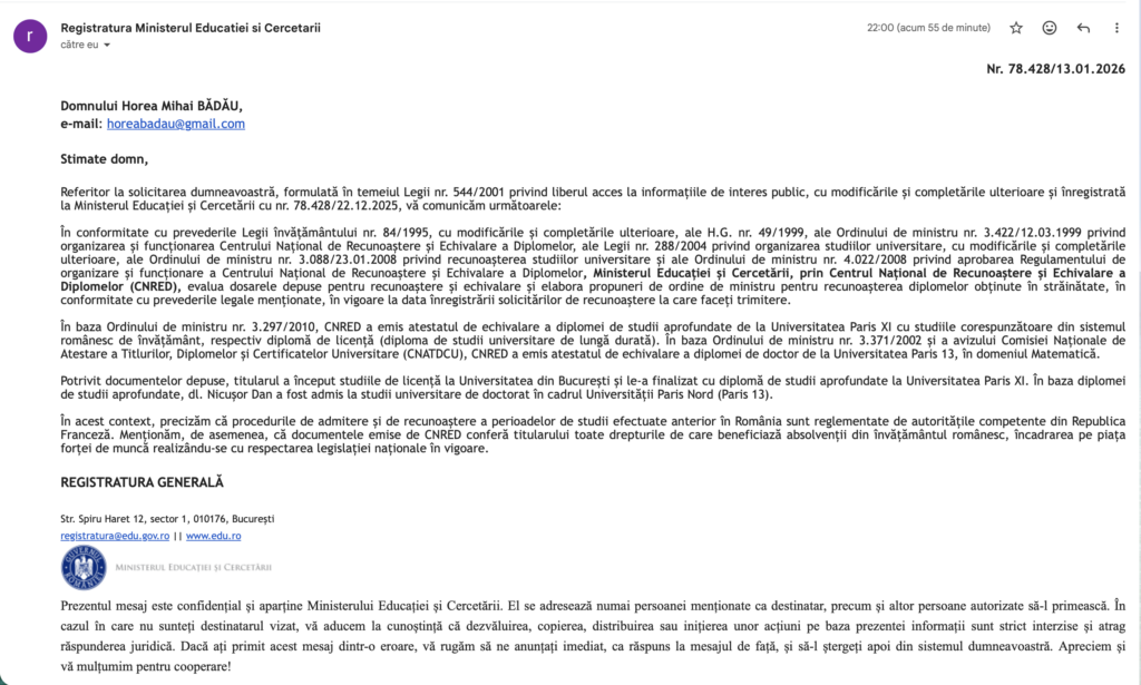 Răspuns MEC Nr 78428 din 13 ianuarie 2026